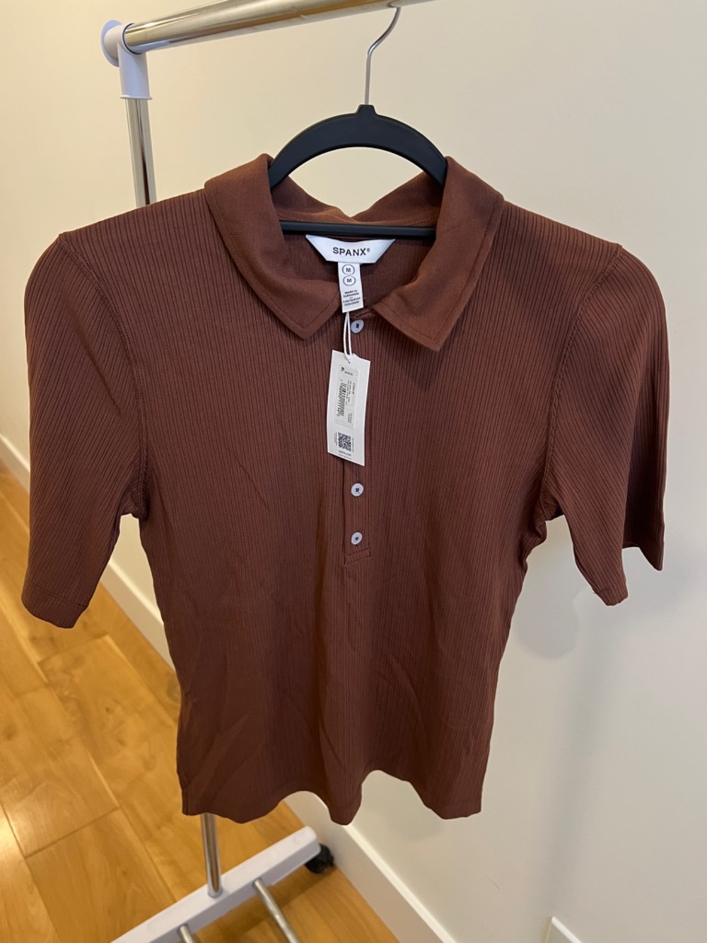 SPANX Ribbed Polo Top in Chocolate Brown